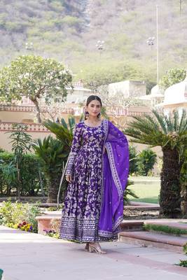 Purple Viscose Jacquard Gown With Dupatta 6