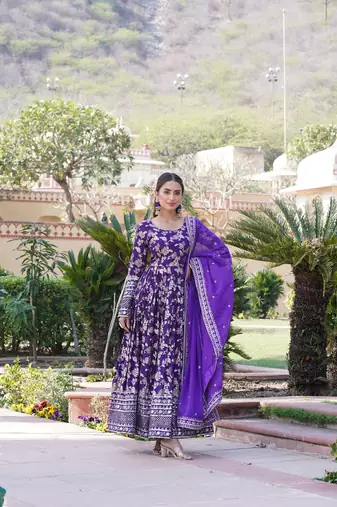 Purple Viscose Jacquard Gown With Dupatta