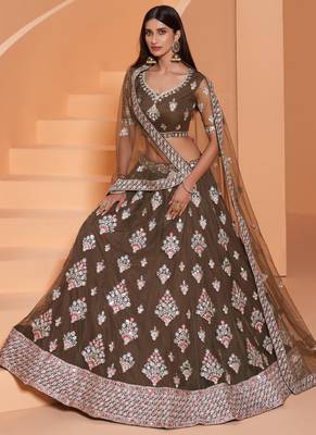 Mehendi Net With Silk Satin Thread Work Wedding Lehenga 1