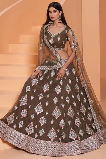 Mehendi Net With Silk Satin Thread Work Wedding Lehenga