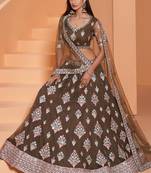 Mehendi Net With Silk Satin Thread Work Wedding Lehenga