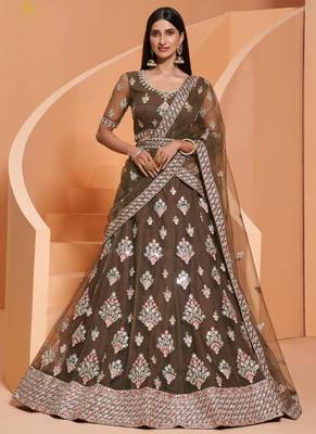 Mehendi Net With Silk Satin Thread Work Wedding Lehenga 3
