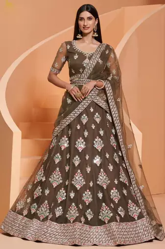 Mehendi Net With Silk Satin Thread Work Wedding Lehenga