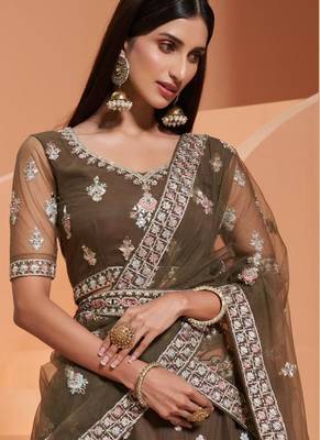 Mehendi Net With Silk Satin Thread Work Wedding Lehenga 4