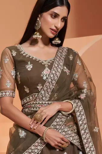 Mehendi Net With Silk Satin Thread Work Wedding Lehenga