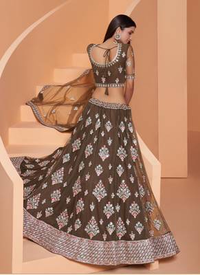 Mehendi Net With Silk Satin Thread Work Wedding Lehenga 5