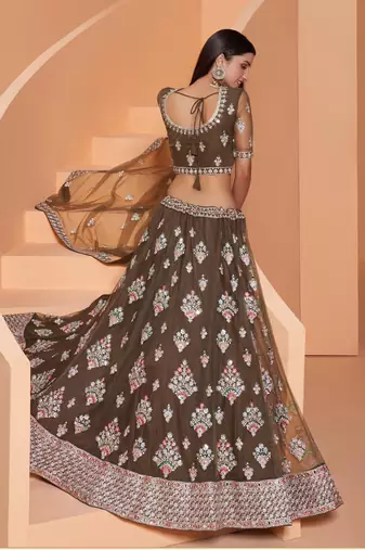 Mehendi Net With Silk Satin Thread Work Wedding Lehenga