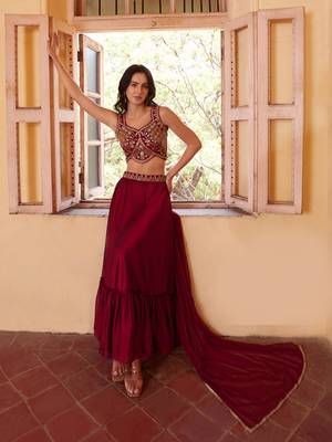 Maroon Thread Embroidered Rangoli Georgette Stitched Lehenga choli 1