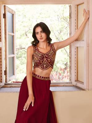 Maroon Thread Embroidered Rangoli Georgette Stitched Lehenga choli 2