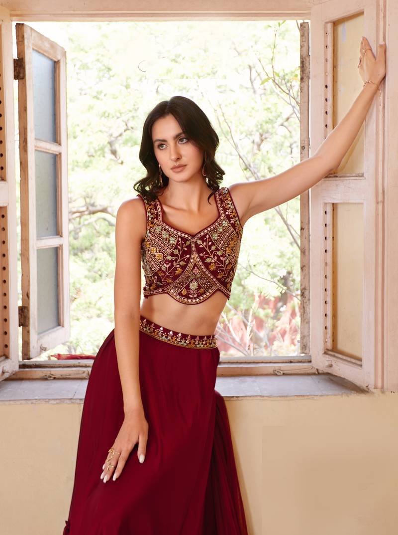 Maroon Thread Embroidered Rangoli Georgette Stitched Lehenga choli