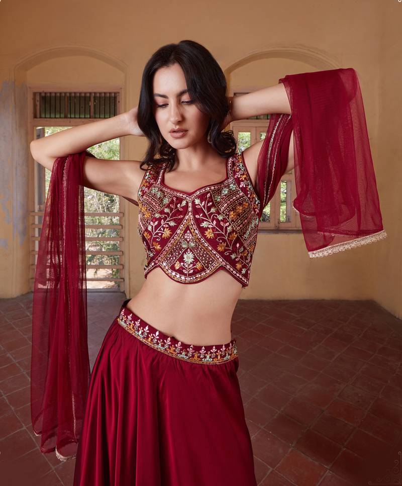 Maroon Thread Embroidered Rangoli Georgette Stitched Lehenga choli