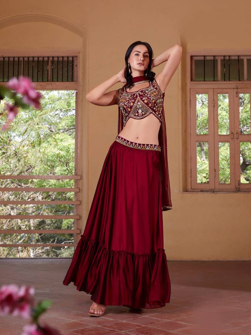 Maroon Thread Embroidered Rangoli Georgette Stitched Lehenga choli
