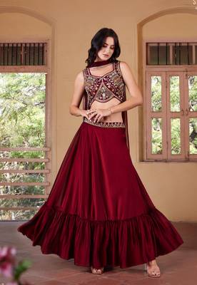 Maroon Thread Embroidered Rangoli Georgette Stitched Lehenga choli 5
