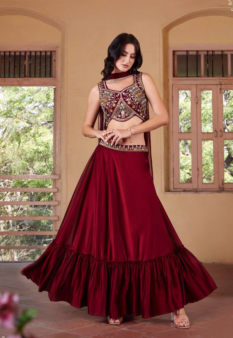 Maroon Thread Embroidered Rangoli Georgette Stitched Lehenga choli