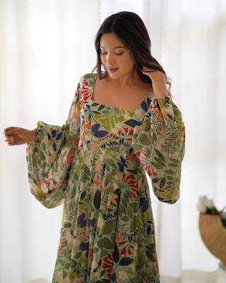 Mahendi Colour Floral Printed Faux Georgette Party Wear Gown Set  2