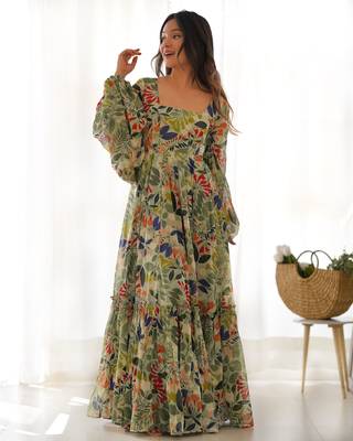 Mahendi Colour Floral Printed Faux Georgette Party Wear Gown Set  3