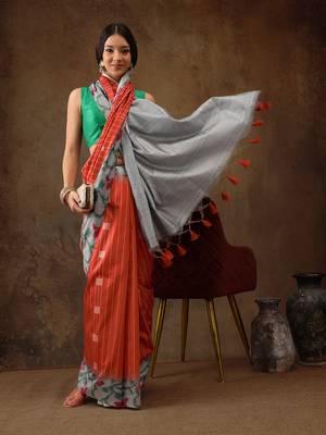 Orange Women'S Soft Silk Printed Saree With Tassels 1