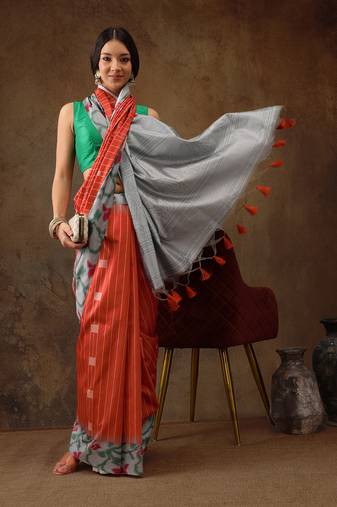 Orange Women'S Soft Silk Printed Saree With Tassels