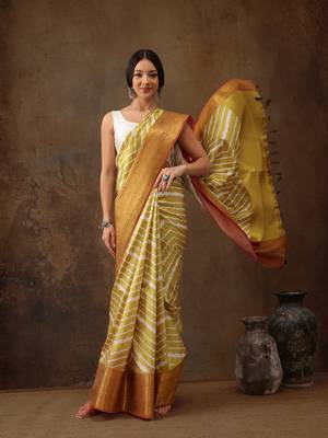 Yellow Soft Silk Lahriya Printed Saree With Zari Woven Pallu 1