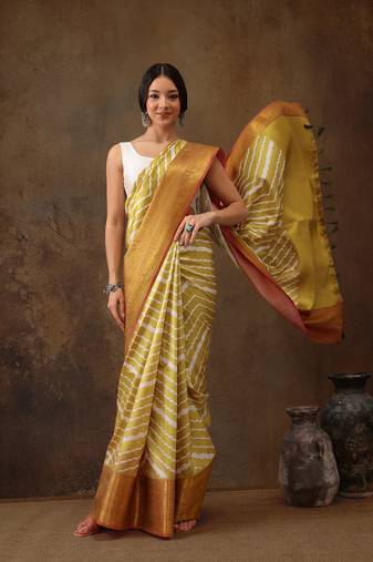 Yellow Soft Silk Lahriya Printed Saree With Zari Woven Pallu