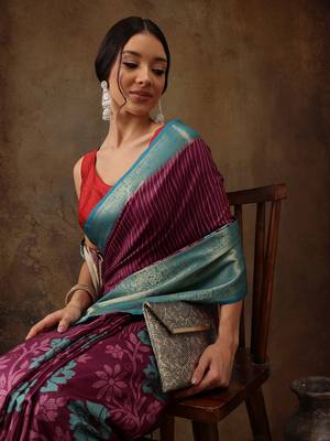 Pink Faux Kanjeevaram Pattu Zari Woven Border Floral Printed Saree 1
