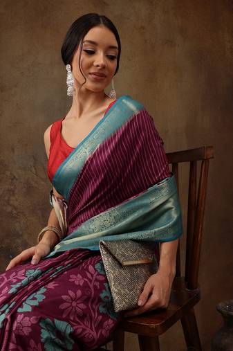 Pink Faux Kanjeevaram Pattu Zari Woven Border Floral Printed Saree