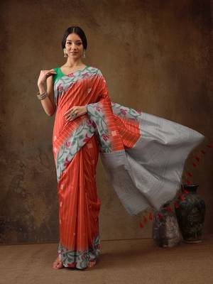 Orange Women'S Soft Silk Printed Saree With Tassels 3