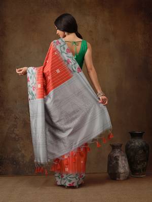 Orange Women'S Soft Silk Printed Saree With Tassels 4