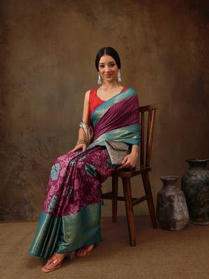 Pink Faux Kanjeevaram Pattu Zari Woven Border Floral Printed Saree 2