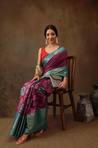 Pink Faux Kanjeevaram Pattu Zari Woven Border Floral Printed Saree