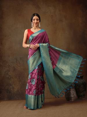 Pink Faux Kanjeevaram Pattu Zari Woven Border Floral Printed Saree 3