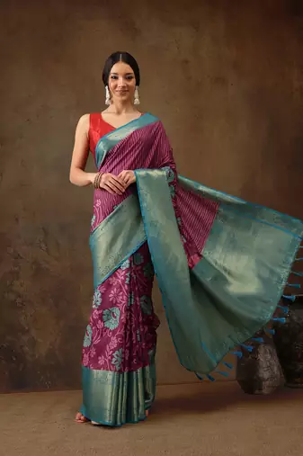 Pink Faux Kanjeevaram Pattu Zari Woven Border Floral Printed Saree