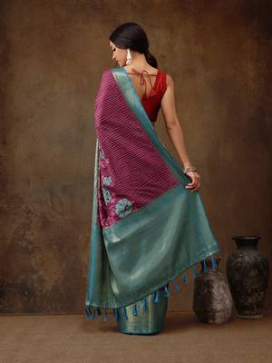 Pink Faux Kanjeevaram Pattu Zari Woven Border Floral Printed Saree 4