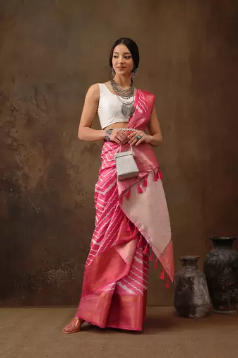 Pink Soft Silk Lahriya Printed Saree With Zari Woven Pallu