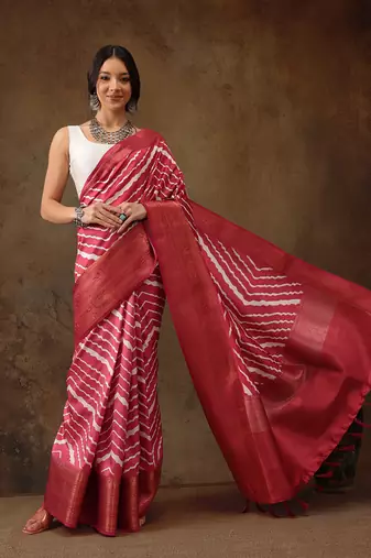 Red Soft Silk Lahriya Printed Saree With Zari Woven Pallu