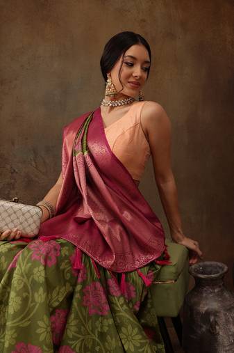 Olive Faux Kanjeevaram Pattu Zari Woven Border Floral Printed Saree