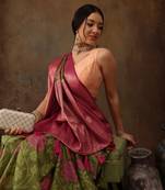 Olive Faux Kanjeevaram Pattu Zari Woven Border Floral Printed Saree