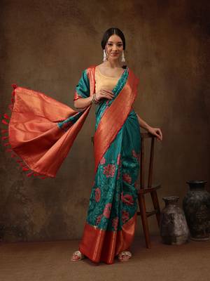 Teal Faux Kanjeevaram Pattu Zari Woven Border Floral Printed Saree 1