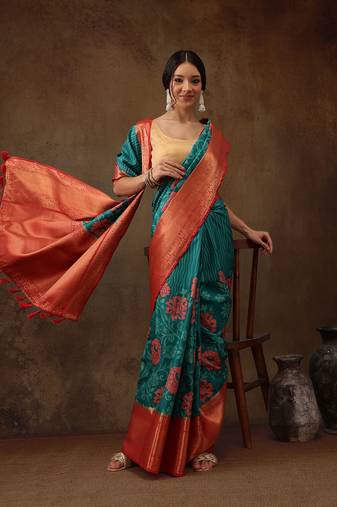 Teal Faux Kanjeevaram Pattu Zari Woven Border Floral Printed Saree