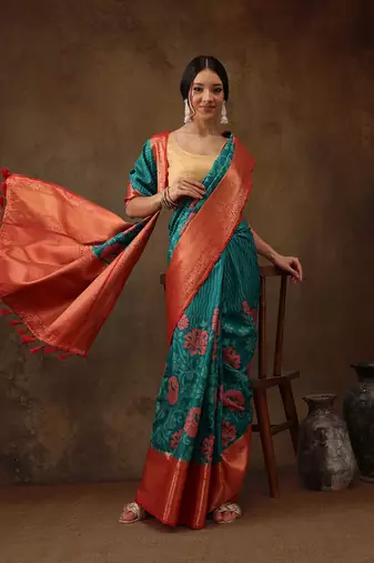 Teal Faux Kanjeevaram Pattu Zari Woven Border Floral Printed Saree