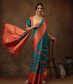 Teal Faux Kanjeevaram Pattu Zari Woven Border Floral Printed Saree