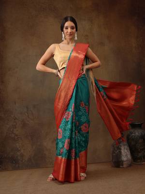 Teal Faux Kanjeevaram Pattu Zari Woven Border Floral Printed Saree 3