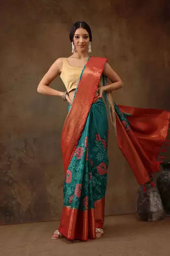 Teal Faux Kanjeevaram Pattu Zari Woven Border Floral Printed Saree