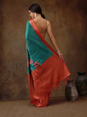 Teal Faux Kanjeevaram Pattu Zari Woven Border Floral Printed Saree 4
