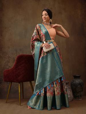 Multicolor Faux Kanjeevaram Pattu Zari Woven Border Digital Printed Saree 1