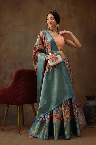Multicolor Faux Kanjeevaram Pattu Zari Woven Border Digital Printed Saree