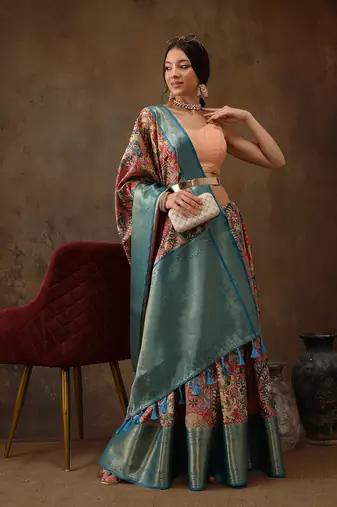 Multicolor Faux Kanjeevaram Pattu Zari Woven Border Digital Printed Saree