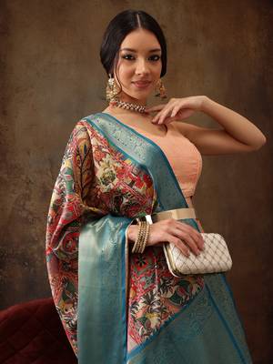 Multicolor Faux Kanjeevaram Pattu Zari Woven Border Digital Printed Saree 2
