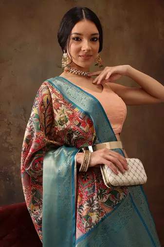 Multicolor Faux Kanjeevaram Pattu Zari Woven Border Digital Printed Saree