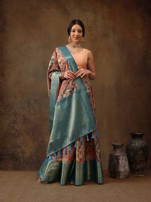 Multicolor Faux Kanjeevaram Pattu Zari Woven Border Digital Printed Saree 3